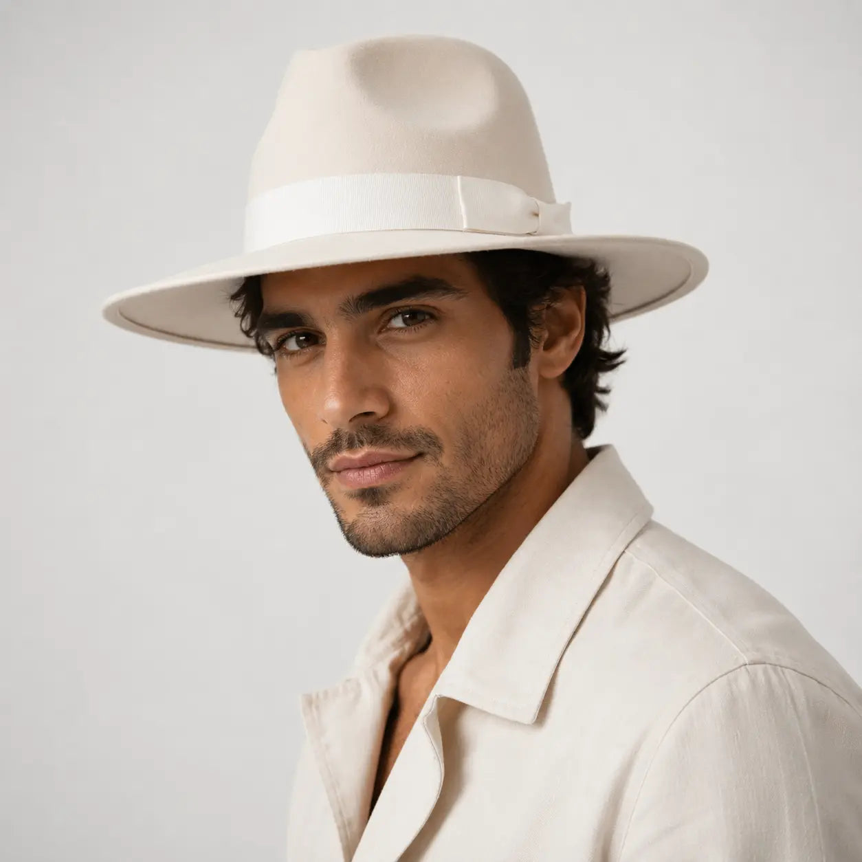 male model with a white fedora hat