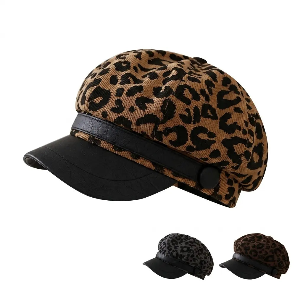 Paris Women Leopard Print Leather Newsboy Cap | Animal Pattern