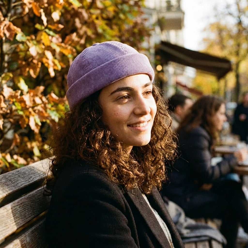 model with purple Atlanta corduroy docker cap 