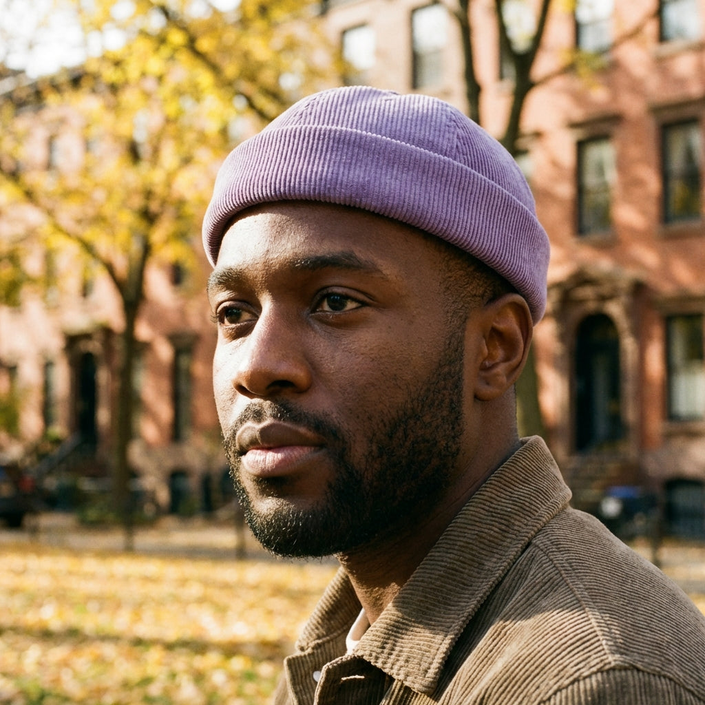 model with purple Atlanta corduroy docker cap