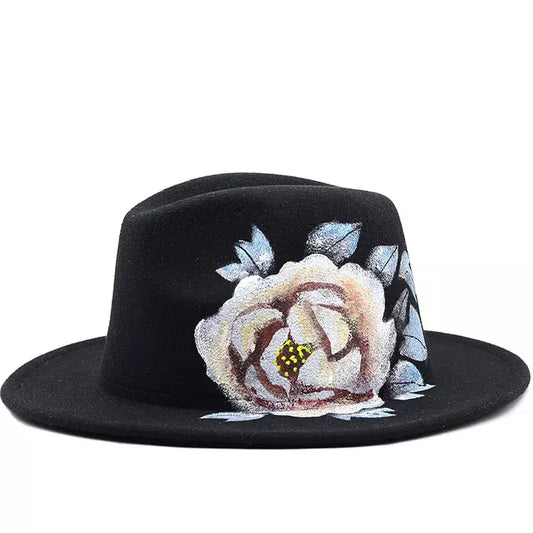 Hand Painted Rose Black Fedora Hat