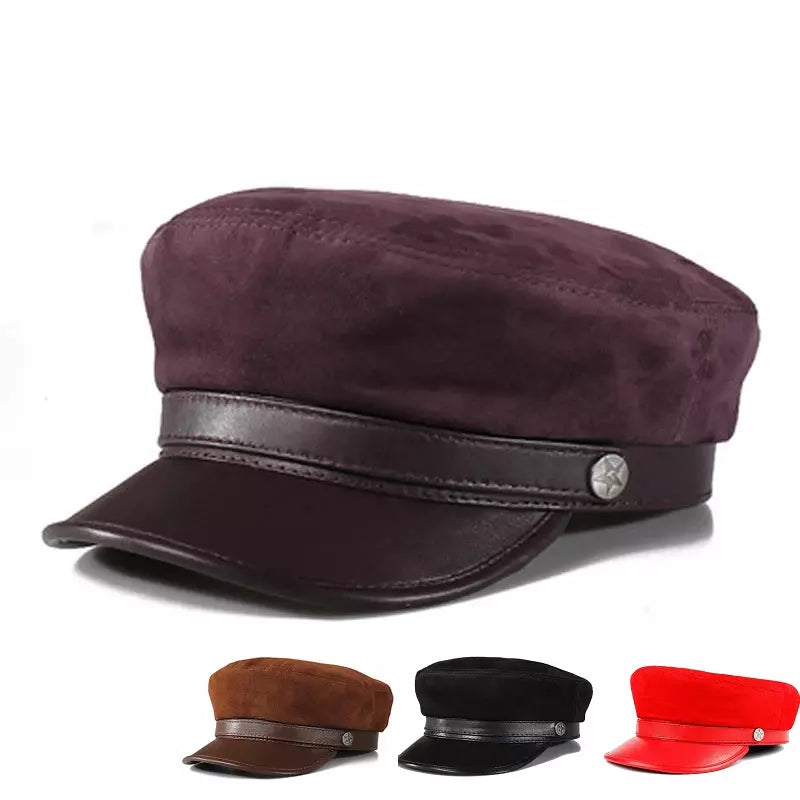 Men's Sheepskin Leather Military Cap - Mariner / Breton / Fiddler / Sailor Style, Vintage Retro Chic (Black)