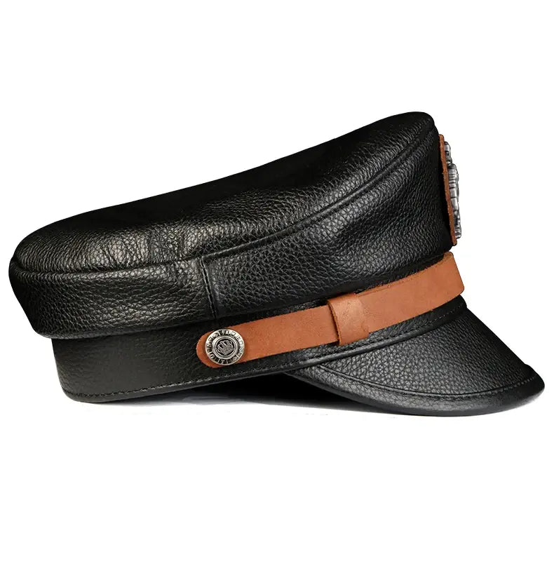 Orson Black Genuine Leather Military Cap