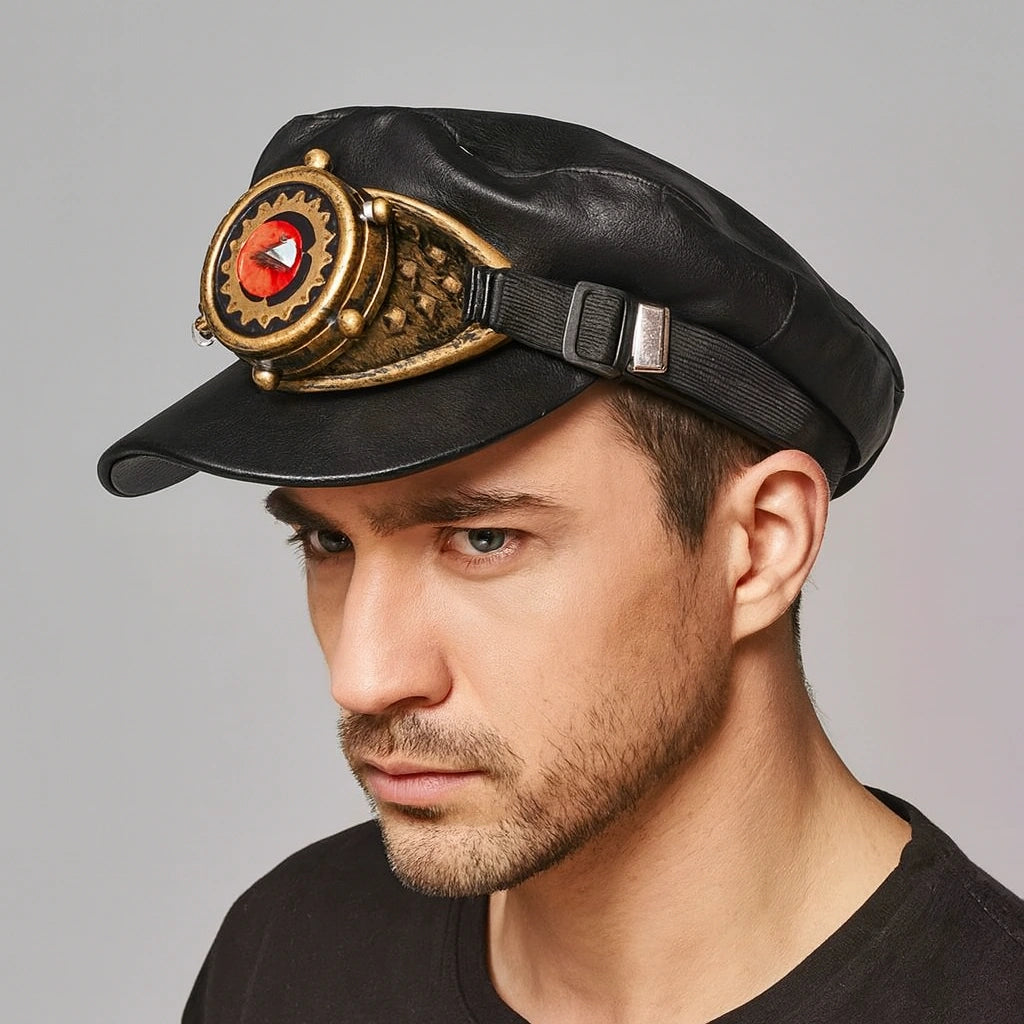 gears of war cap Steampunk Gears Black Leather Sailor Cap