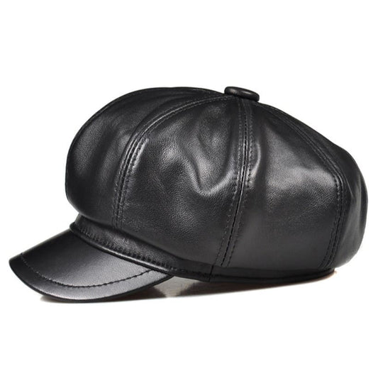 La Spezia Black Genuine Leather Newsboy Cap