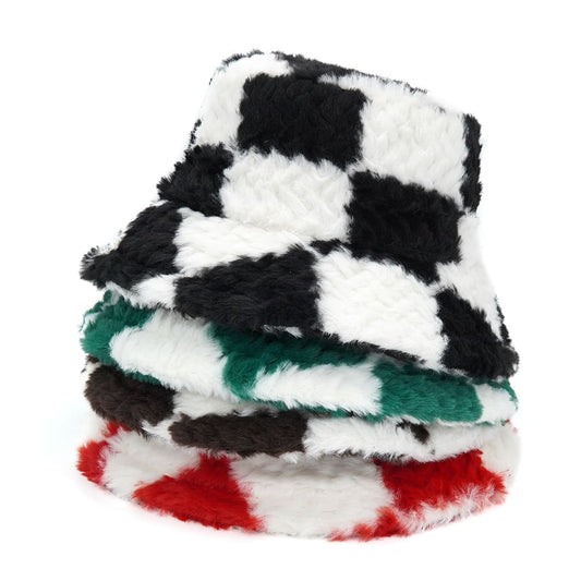Plaid Print Fur Bucket Hat